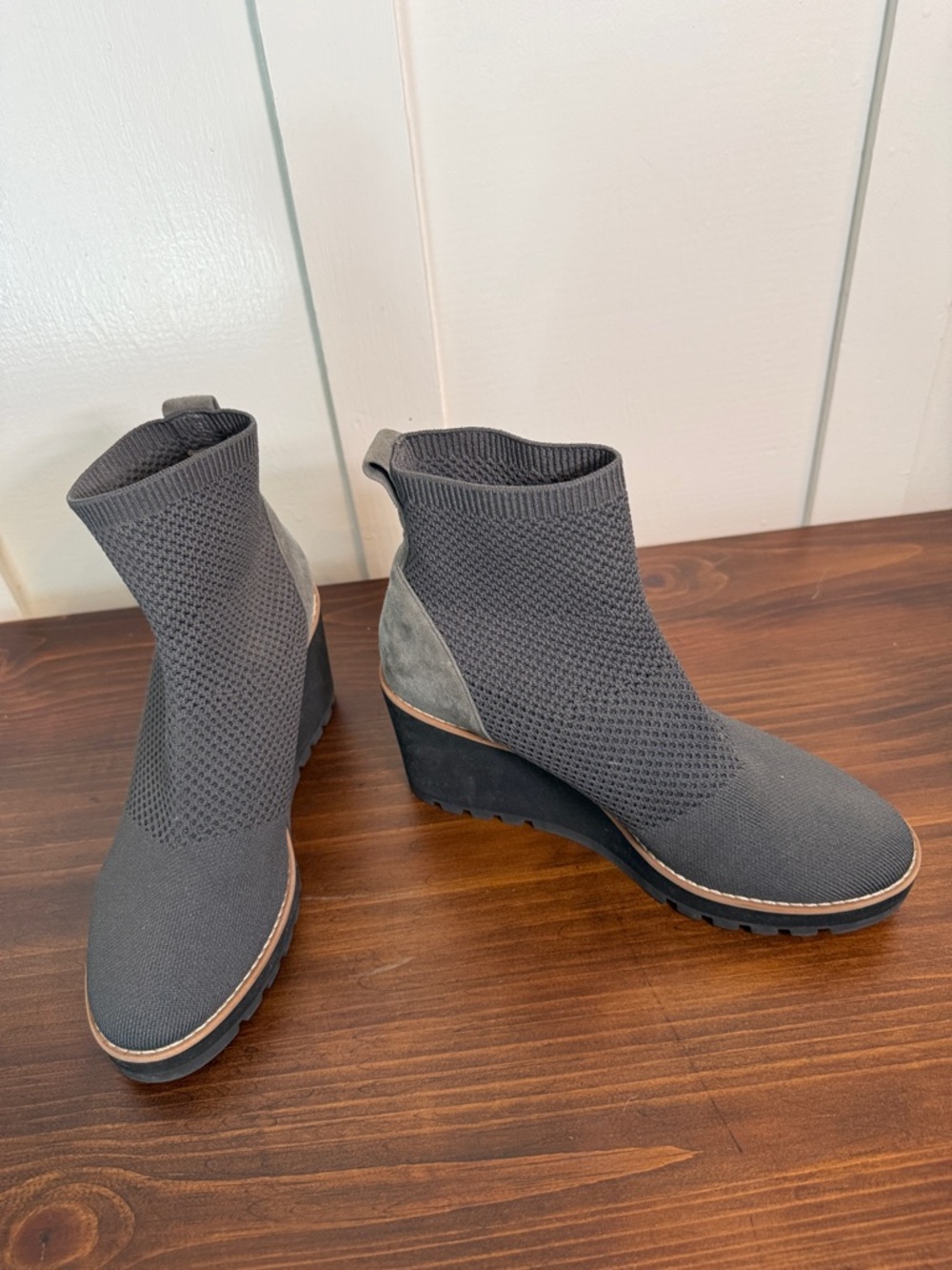Eileen Fisher Knit/suede Wedge Ankle Boots Gray Stretch Sock Booties